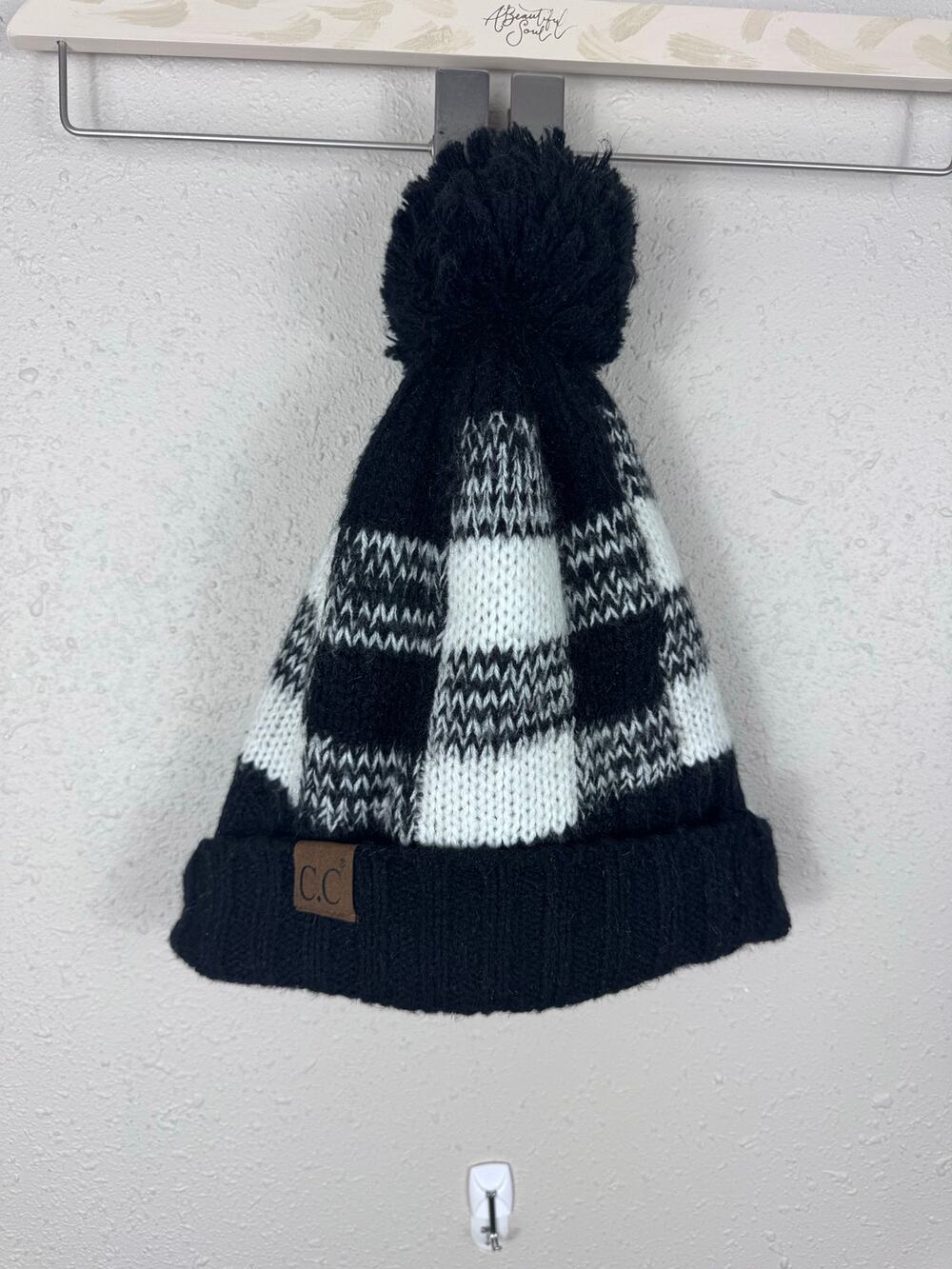 C.C. Black & White Plaid Stocking Cap